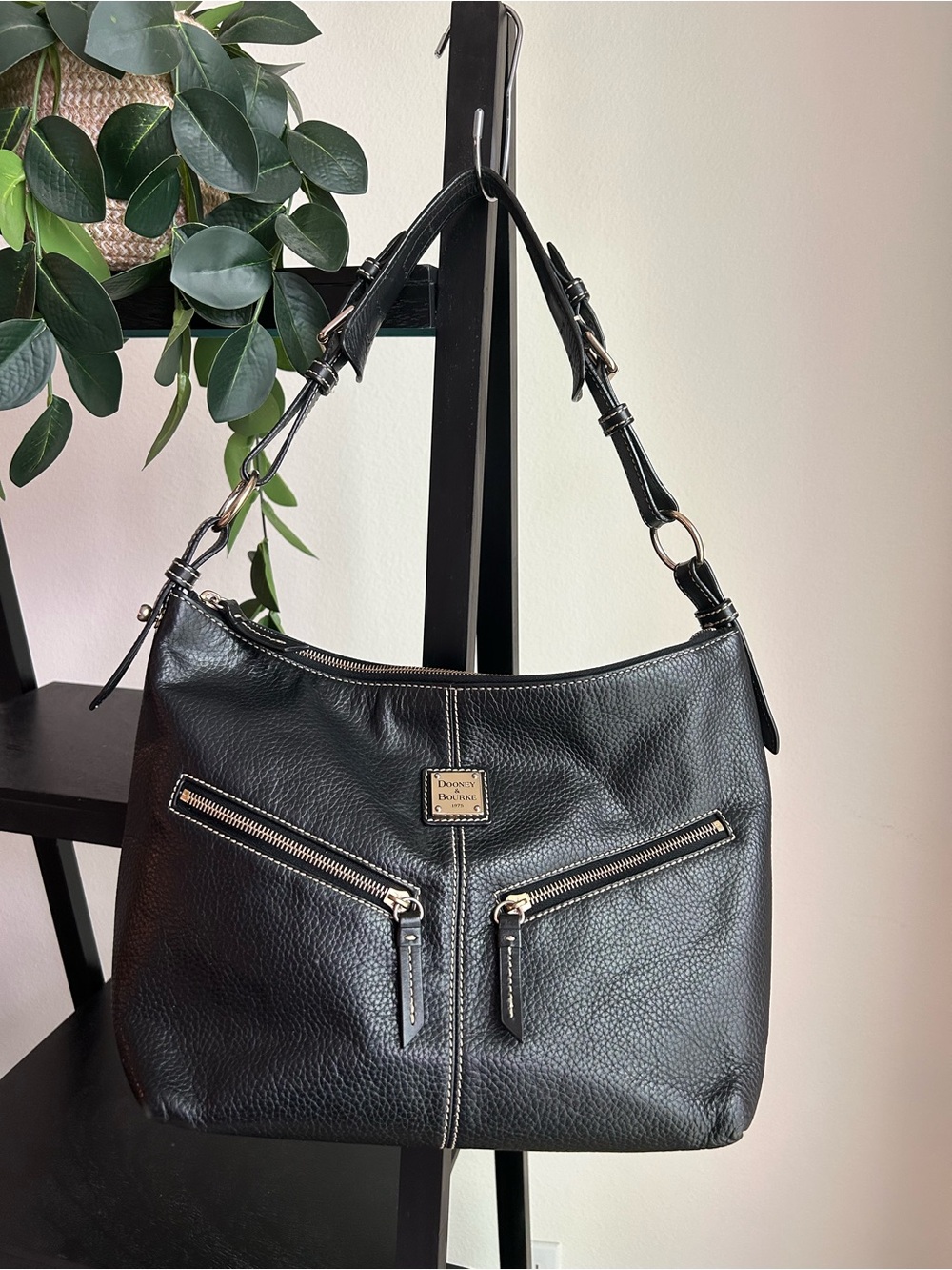 Dooney & Bourke Black Pebbled Leather Hobo Shoulder Bag with Front Zippers